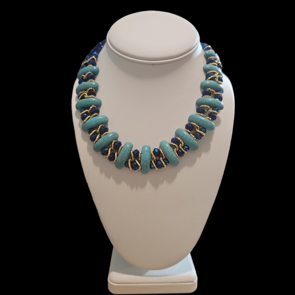 Boho Style Two Rows Crescent High - Quality Turquoise Crystal Necklace. - Picture 3 of 10